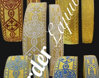 May include: Collection of decorative ribbons with intricate embroidered patterns in gold, white, red, and blue. The ribbons feature geometric and floral designs, perfect for embellishing various crafts. The text "Artborder Equins" is visible.