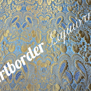 May include: Close-up of a fabric with a detailed floral pattern in gold and blue. The fabric has a textured appearance with the words "Artborder" and "Eapivins" in white script across the image.