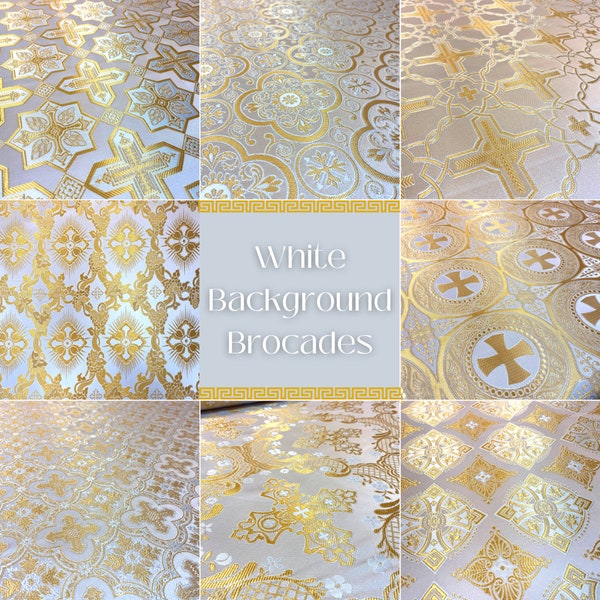 Simple metallized brocades 180cm. gold with white background/ Simple fabrics / Liturgical vestment / Priest brocades / Crosses pattern