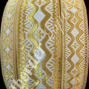 Greek metallic galloon , Church liturgical galloon , Jacquard ribbon , Jacquard metallic trim , Galloon for vestments