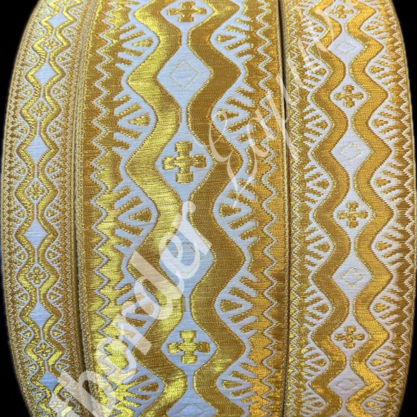 Greek metallic galloon , Church liturgical galloon , Jacquard ribbon , Jacquard metallic trim , Galloon for vestments