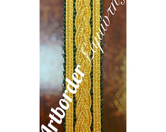Puede incluir: Borde trenzado dorado y verde con un diseño texturizado. Artborder & Appliqués.