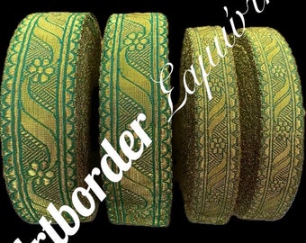 May include: Four spools of gold and green trim with a repeating geometric pattern. The trim is approximately 1 inch wide.
