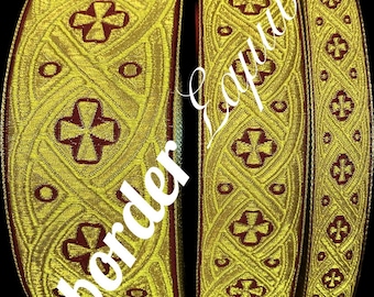 May include: Gold and burgundy trim with a cross pattern. The trim is woven with a repeating pattern of crosses and circles.