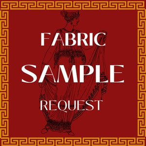 Può includere: Uno sfondo rosso con un bordo dorato a chiave greca. Un'illustrazione in bianco e nero di una donna con un abito fluido. Il testo "FABRIC SAMPLE REQUEST" è scritto in bianco.