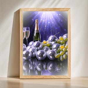 Retro druiven discobal print, AI gegenereerd, preppy trendy keuken muurkunst, fruit poster, diy budget champagne minnaar cadeau, digitale download