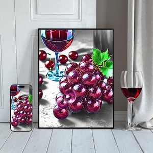 Retro Grapes Disco Ball Art & Phone Wallpaper Bundle, Groovy Wine Wall Decor, Trendy Bar Cart Print, Funky Gift for Her, DIGITAL DOWNLOAD