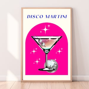 Disco Ball Martini, Retro Cocktail Print, Funky Groovy Poster, Dorm Room Decor, Bar Artwork, Preppy Pink Wall Art, DIGITAL DOWNLOAD