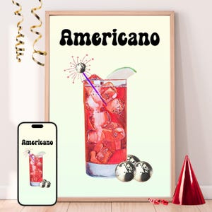 Americano Cocktail Wall Art & Phone Wallpaper Bundle, Retro Bar Cart Decor, Disco Drink Print, Fun Digital Download, Groovy Kitchen Gift