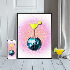 Retro Margarita Cocktail Print & Phone Wallpaper Bundle, Disco Bar Cart Wall Art, Trendy Dorm Kitchen Décor, Budget Digital Download Gift