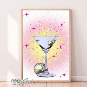 Wydrukuj sztukę ścienną Dry Martini Cocktail & Disco Ball, Retro Bar Cart Print, Funky Preppy Poster, Groovy Dorm Decor, Modern Digital Download