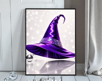Impresión retro de sombrero de bruja de Halloween con bola de discoteca: Arte mural moderno y elegante (descarga digital)
