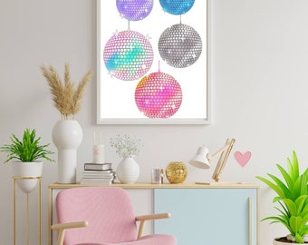Disco Ball Print, Nostalgia Disco Wall Art, 70s wall art, mirror balls, Colourful disco art, Disco shining sparkling balls, DIGITAL DOWNLOAD