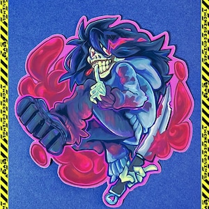 Może przedstawiać: Naklejka przedstawiająca postać z kreskówki z szkieletową twarzą, ciemnymi włosami i niebieską bluzą z kapturem, trzymającą nóż. Postać otoczona jest różowymi i czerwonymi kształtami, z palcem przy ustach. Tło jest niebieskie.