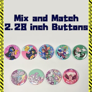 May include: A collection of nine 2.28-inch round buttons with colorful cartoon character designs. The buttons feature various characters in vibrant colors, set against backgrounds of pink, green, and other hues. Text on the buttons reads "Mix and Match".