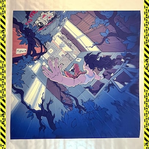 May include: An illustration depicts a person falling through a surreal, geometric space. The artwork features a palette of blues, with the figure in a light blue top and red pants. The word "FLOW" is visible. The image is framed with a yellow and black striped border.