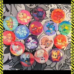 May include: A collection of colorful round buttons featuring various cartoon animal illustrations. The buttons showcase a variety of designs, including dogs, foxes, and other creatures, each with unique color schemes and styles. The background is a grayscale pattern.