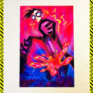 May include: A vibrant digital art print featuring a character in a black and pink suit with goggles, holding a device that sprays orange liquid. The background is a mix of red, pink, and blue hues with yellow lightning bolts.