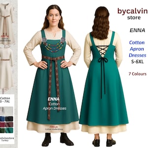 ENNA Medieval Viking Cotton Apron Dress | Linen-Textured Norse Over Dress S 10XL | Renaissance Faire, SCA & LARP Costume | bycalvinastore