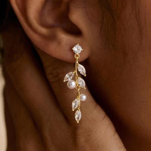 Pendientes de perla de diamante, pendientes de perla de agua dulce, pendientes de novia de cristal, pendientes de diamantes con pan de oro, pendientes de boda, regalo de dama de honor