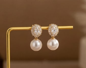 Boucles d'oreilles minimalistes en perles de diamant CZ, boucles d'oreilles en perles d'eau douce naturelles, bijoux de mariage en perles, cadeau de demoiselle d'honneur, cadeau de fête des mères