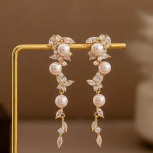 Pearl Drop Earrings With Diamond, Dainty Pearl Dangle Earrings, Elegant Wedding Jewelry, Gold Earrings, Bridal Earrings, Bridesmaid Gifts