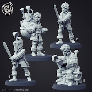 May include: Four 3D printed miniature figures of fantasy characters. The figures are in various poses, including standing, sitting, and holding weapons. The figures are made of a grey plastic material.