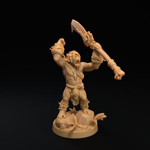 May include: A brown, detailed miniature figurine of a large, muscular, humanoid creature with a large club. The creature is wearing a loincloth and has a fierce expression on its face. The figurine is standing on a base with a rocky texture.