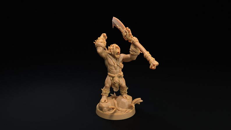 May include: A brown, detailed miniature figurine of a large, muscular, humanoid creature with a large club. The creature is wearing a loincloth and has a fierce expression on its face. The figurine is standing on a base with a rocky texture.