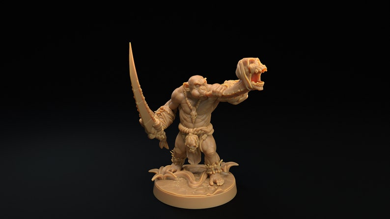 May include: A brown, detailed miniature figurine of an orc holding a sword in one hand and a severed head in the other. The orc is wearing a loincloth and has a fierce expression on its face.