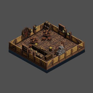 Op de afbeelding: Isometrisch beeld van een miniatuur taverne diorama. De scène toont houten muren, vloeren en meubels, waaronder tafels, stoelen en een bar. Decoratieve elementen zijn vaten, lantaarns en een stenen open haard. Het kleurenpalet is warm, met bruin- en geeltinten.