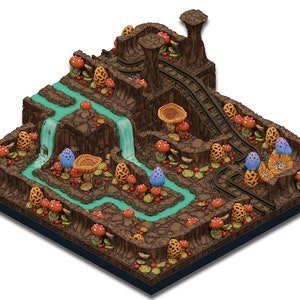 May include: An isometric illustration of a miniature landscape featuring a winding stream, a waterfall, a railway track, and a variety of mushrooms in shades of red, orange, blue, and purple.
