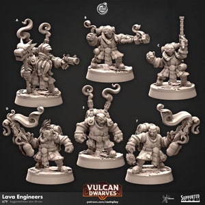 Puede incluir: Seis figuras en miniatura impresas en 3D de enanos en varias poses, vistiendo ropa de inspiración steampunk y sosteniendo herramientas y armas. Las figuras están pintadas en color gris claro y se colocan sobre un fondo blanco. El texto "Lava Engineers" y "Vulcan Dwarves" es visible en la imagen.