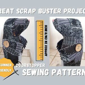 Puede incluir: Un patrón de costura fácil para un tope de puerta con forma de animal de patchwork blanco y negro. El patrón incluye instrucciones para hacer un tope de puerta de aproximadamente 28 cm de alto.