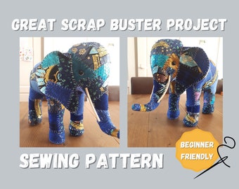 Scrappy Patchwork Elephant sewing pattern and instructions  Elephant sewing pattern
