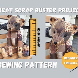 May include: A patchwork fabric teddy bear sewing pattern. The pattern is beginner friendly and the finished bear is approximately 25.5 inches tall. The pattern includes a ruler for size reference.