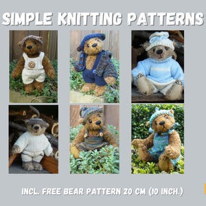 Könnte beinhalten: Sechs Strickmuster für Teddybären, jedes mit einem anderen Outfit. Die Muster sind anfängerfreundlich und beinhalten ein kostenloses Muster für einen 20 cm großen Teddybären.