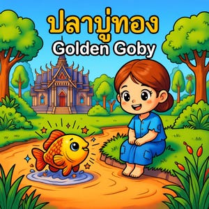 May include: A colorful illustration featuring a golden goby fish leaping from a puddle, with a smiling girl in blue clothing nearby. The image includes text that reads "Golden Goby" and a Thai script above it. The background shows a temple and trees.