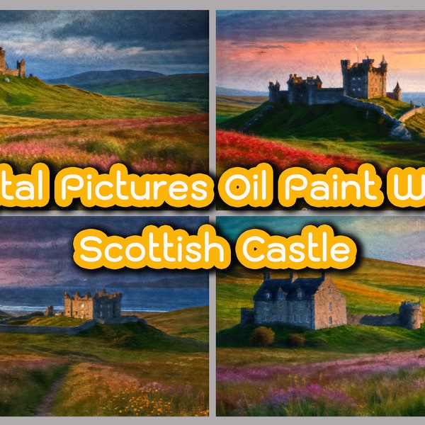 Wall art Samsung Frame TV, Bundle 4 pictures Outlander-Inspired Scottish Castle, Oil Paint Style Landscape, Framed Decor, Set 2