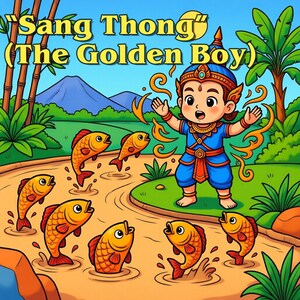 Könnte beinhalten: Eine farbenfrohe Illustration aus "Sang Thong (Der goldene Junge)" zeigt einen Cartoon-Jungen in blauer und orangefarbener Kleidung, umgeben von goldenen Fischen, die aus einem Fluss springen. Der Hintergrund umfasst einen Berg, Palmen und Bambus.