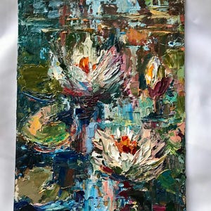 Pintura al óleo de nenúfares, pintura original, paisaje, estanque, flores blancas, pinturas pequeñas, regalo para mamá para Pascua, arte de pared, decoraciones