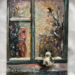 Pintura al óleo de gato, 4 x 6 pulgadas, dibujo de gato blanco para habitación de niños, pinturas pequeñas sin marco, galería de arte, imágenes lindas, gato triste en la ventana