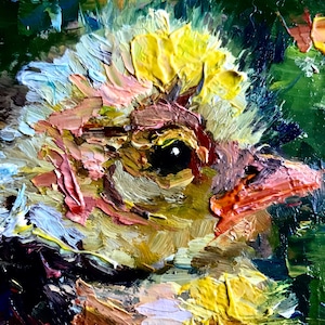 Pintura a óleo de frango Arte original Esboços de fazenda Presente de Páscoa Vendido Sem moldura Pássaros fofos Galeria de arte de parede Coleção de pássaros Imagens amarelas