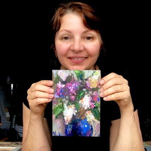 Lila roze bloemen Olieverfschilderij 5х7 inch Art Wall Gallery Origineel Niet afdrukken Foto-impressies Zonder lijst Het geschenk van bloemen tot 30