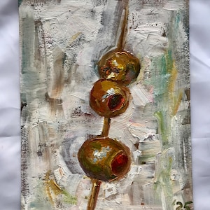 Olijven op een stokje olieverfschilderij keuken decor eten schilderij origineel geen print kleine foto met groene olijven gemaakt Oekraïne schilderij ingelijst
