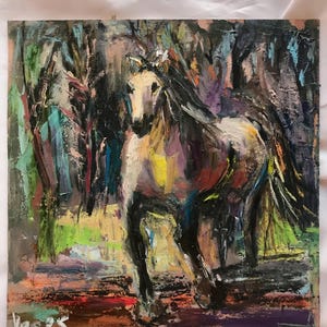 Pintura al óleo de caballo Arte original No impreso Pintura de 8x8 pulgadas sobre tablero duro Pintura cuadrada pequeña Caballo blanco montando Galería de pared sin marco