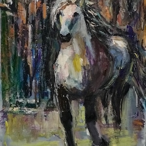 Pintura al óleo de caballo Arte original No impreso 7 x 10 pulgadas Pintura sobre cartón Pintura pequeña Caballo blanco montando Sin marco Galería de pared Decoración