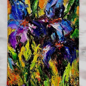 Íris Pintura a Óleo Flores Azuis 5x7 em Arte de Parede Rosa Flores Roxas Presente avó Pequenas Fotos Verão Jardim paisagismo Maneiras Verdes Lembrança