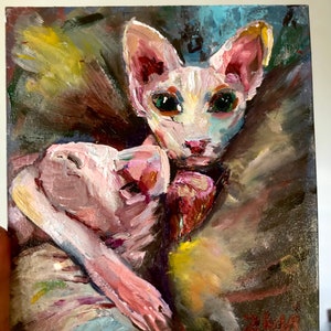 Sphinx chat blanc, peinture originale 15,4 x 15,4 cm sans cadre Cadeau pour les amoureux des chats Galerie d'art mural Cadeau jusqu'à 35 ans Portrait de chat Décoration fait maison