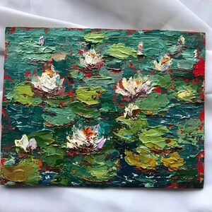 Peinture à l'huile de nénuphars, art original non imprimé 5х6 pouces fleurs blanches sur l'eau photo Nature paysage lys blancs sur étang Nature peinture